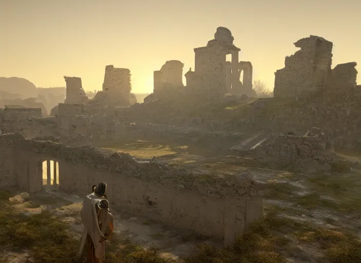 Image similar to a land of ruins of lost civilization with a fort in the middle, golden pillars, water tunnels below and a time gate to another dimension, a wounded man wearing a white robe standing watching over, dramatic lighting, dawn, by caspar david friedrich, unreal engine 5