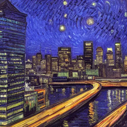 Image similar to downtown Seattle at night, 4k, by VanGogh