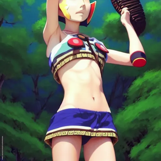 Image similar to beautiful boyish natalie portman gravure model in majora's mask, wearing wooden mask and baseball cap and leotard, street wear with subtle mayan patterns, aztec bathing suit, gapmoe yandere grimdark, trending on pixiv fanbox, painted by greg rutkowski makoto shinkai takashi takeuchi studio ghibli, akihiko yoshida