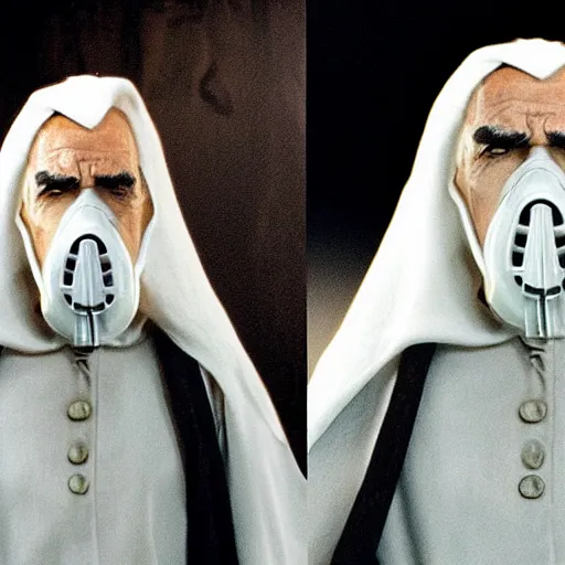 Prompt: Saruman the White wearing Walter White's gas mask