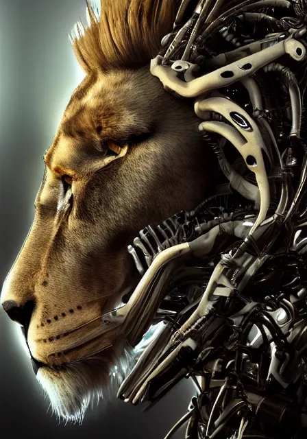 Prompt: complex 3 d render hyper detail portrait of a mechanical lion human cyborg, sci fi, full body, intricate, art by kazuhiko nakamura and hajime sorayama, 8 k octane detailed render, post - processing, extremely hyperdetailed, intricate futuristic mechanic parts, maya, dark background, sharp focus, blender, cinematic lighting + masterpiece, trending on artstation