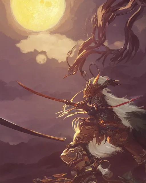 Image similar to '' Illustration a samurai breaking its chains, (night), (moon in the background), league of legends, Fenrir, LOL, fantasy, d&d, digital painting, artstation, concept art, sharp focus, illustration, art by greg rutkowski and alphonse mucha ''