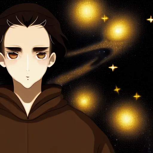 Image similar to a man with with brown hair, eyes with stars and galaxies in his eyes, wearing a black robe with the tips made of gold, anime, trending on artstation, high quality