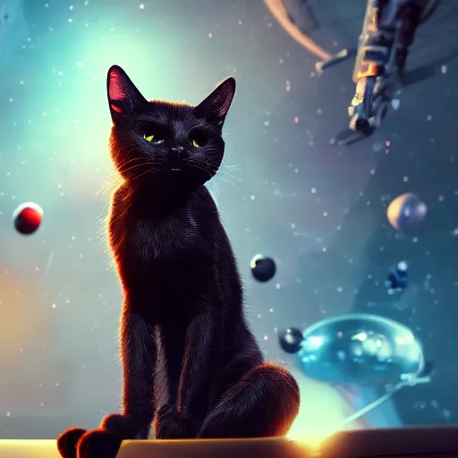 Prompt: black cat in space, hypermaximalistic, high details, cinematic, 8k resolution, beautiful detailed, insanely intricate details, artstation trending, octane render, unreal engine