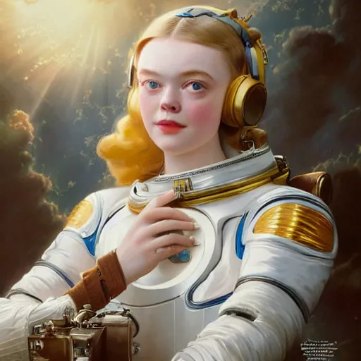 Image similar to leyendecker and peter paul rubens, head and shoulders portrait of a elle fanning in space, unreal engine, fantasy art by global illumination, radiant light, detailed and intricate environment
