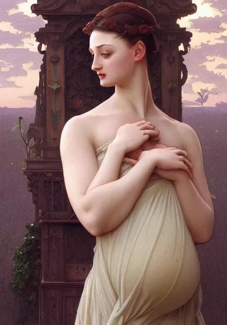 Image similar to pregnant sansa, intricate, elegant, highly detailed, digital painting, artstation, concept art, smooth, sharp focus, illustration, art by artgerm and greg rutkowski and alphonse mucha and william - adolphe bouguereau