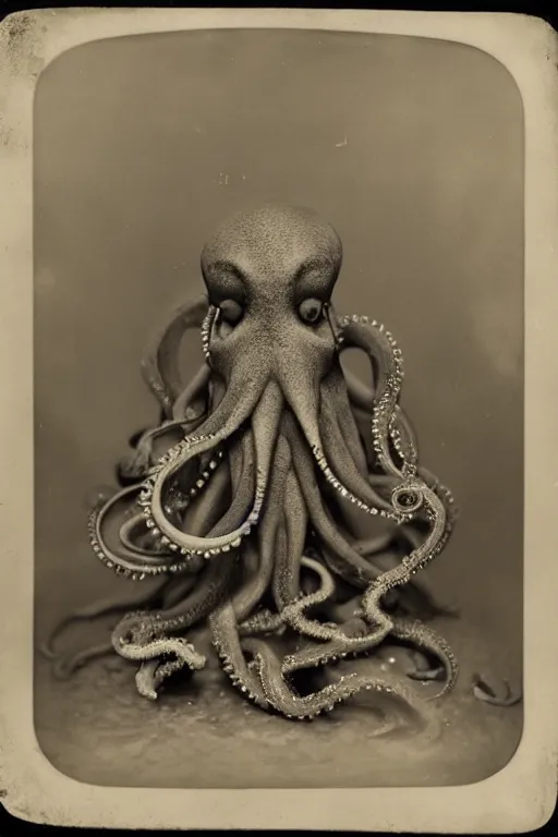 Image similar to a wet plate photo of an anthropomorphic octopus as pope