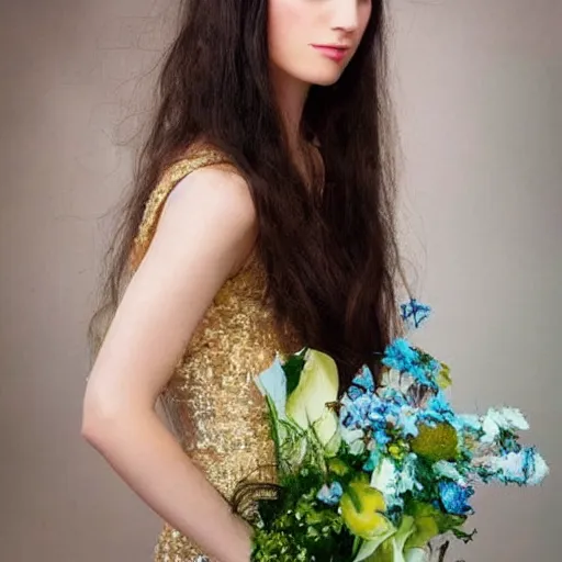 Prompt: long hair brunette woman green eyes bangs flowing white dress art deco gold blue flowers fantasy