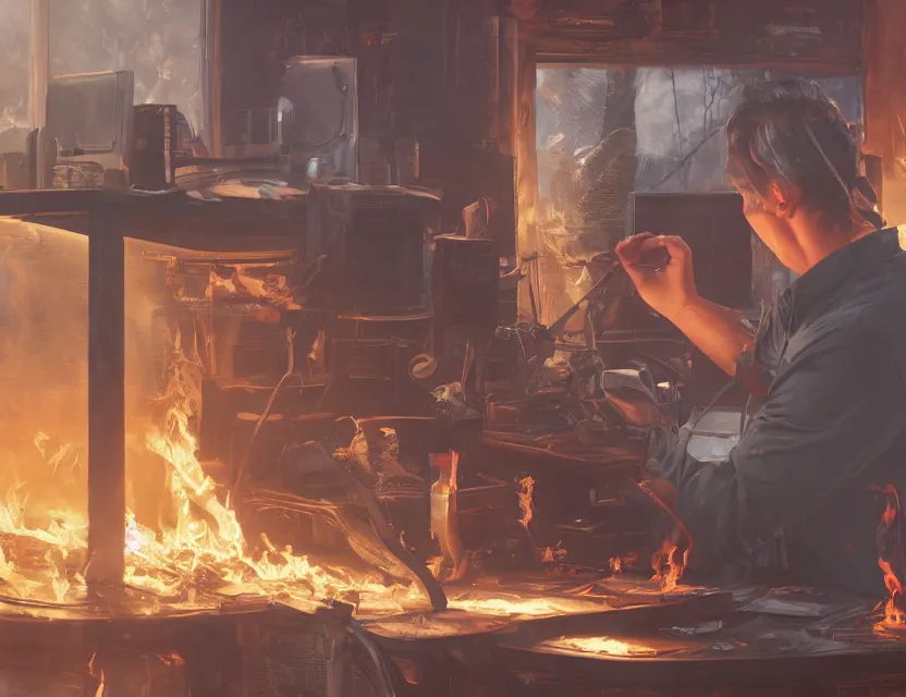 Image similar to a man works at a workstation in a very hot office with burning fires, close up, featured in artstation, intricate, ultra detailed, concept art, wide - angle lens, unreal engine, sharp focus, illustration, 8 k