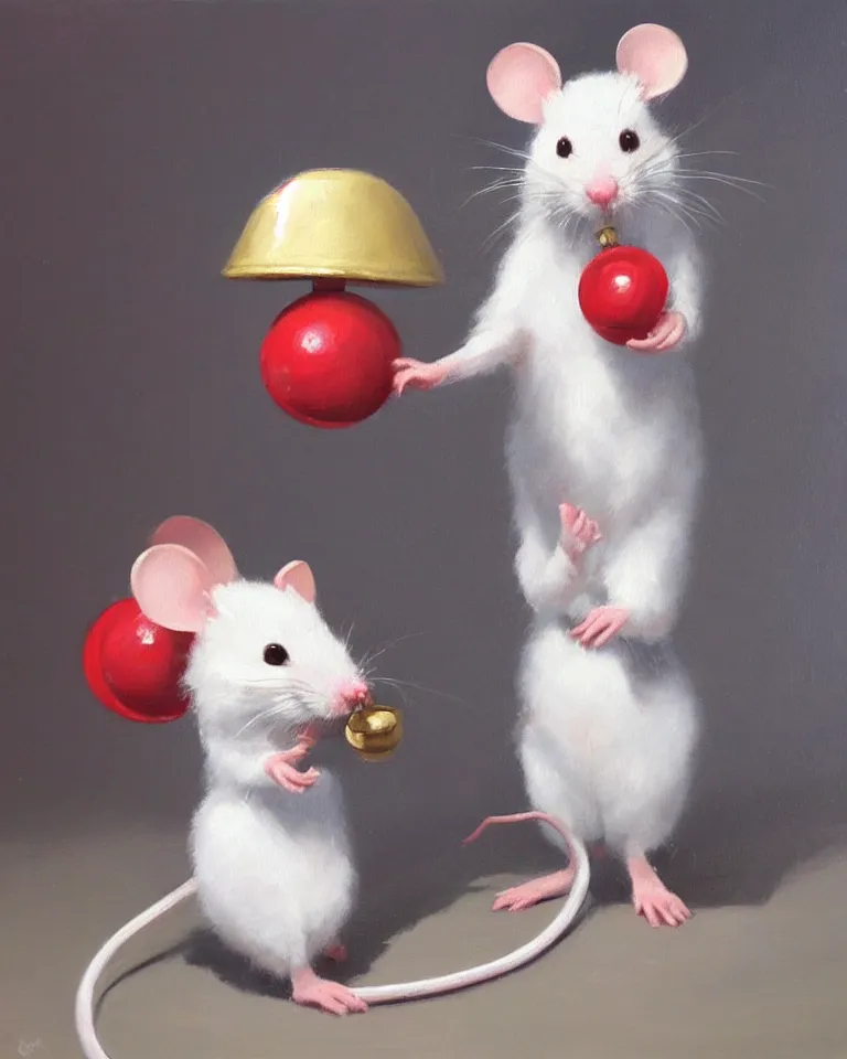 Image similar to an old oil painting of a cute white mouse standing on two legs and holding a round bell, trending on artstation