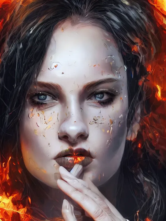 Image similar to digital illustration of a girl with eyes that burn like cigarettes wearing a short skirt and a long jacket with fingernails that shine like justice, dramatic lighting, photorealistic, extreme detail, 4 k, colorful, artgerm and craig mullins