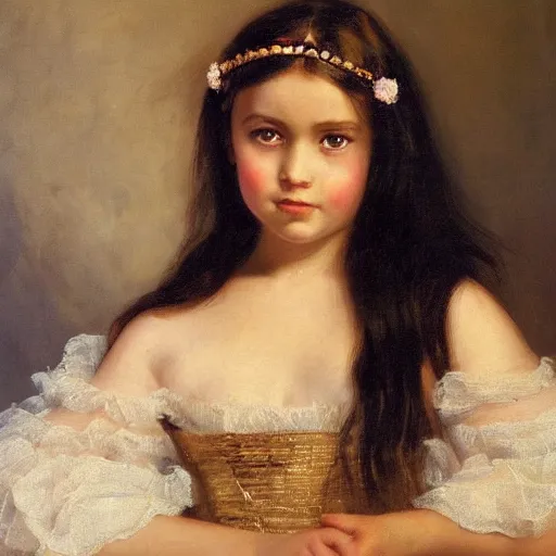 Prompt: An oil painting by Adolf Hirémy-Hirschl. Portrait of a young girl looking at the camera. The girl has a very light skin, long dark hair, wearing a golden tiara and golden jewelries covering her ears. The girl wears a white and golden dress.