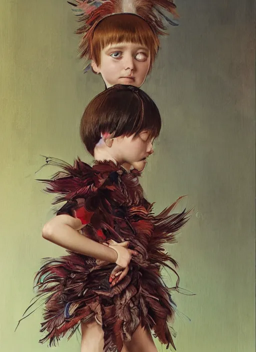 Prompt: little girl with an eccentric haircut wearing an dress made of feathers, artwork made by ilya kuvshinov and donato giancola