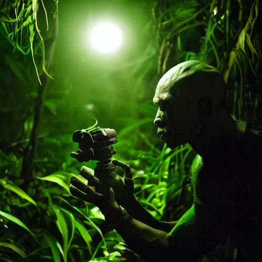 Image similar to an amatir photo capturing alien on jungle at night, candid