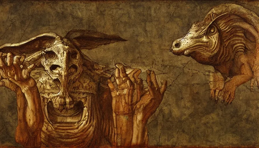 Prompt: moloch by leonardo da vinci, oil painting, classical painting, digital art, vivid colors, sharp focus, restored