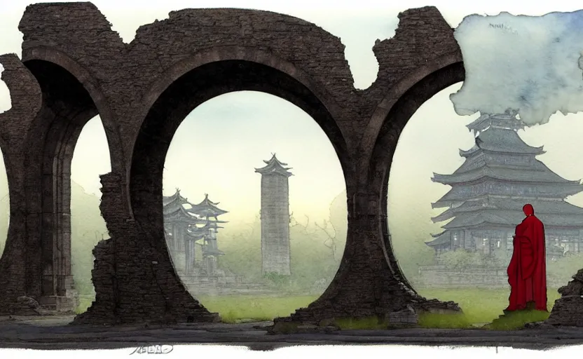 Image similar to a hyperrealist watercolour concept art of a dimensional time portal in the shape of a ruined arch. a medieval monk in grey robes is in the foreground. a japanese temple is in the background. very muted colors, post grunge, by rebecca guay, michael kaluta, charles vess and jean moebius giraud. high detail, hq, wide shot, 4 k