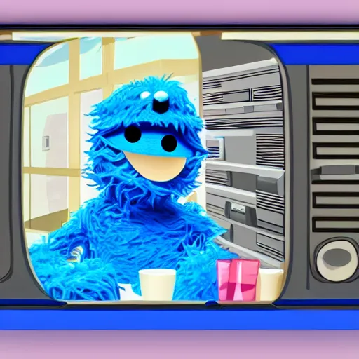 Prompt: the cookie monster is accepting cookies on an old school computer, vaporwave, unreal engine