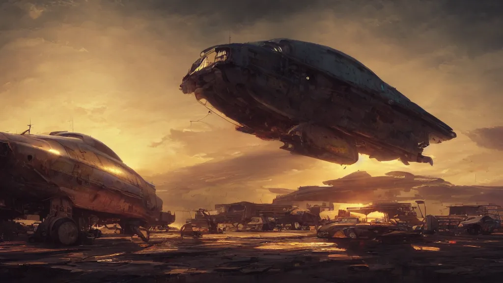 Prompt: a Photorealistic hyperrealistic render of a gigantic spaceship landing at a Junkyard by Greg Rutkowski,Vitaly Bugarov,Stephan Martiniere,Nicolas Bouvier SPARTH,James Paick,dramatic moody sunset lighting,long shadows,Volumetric, cinematic atmosphere, Octane Render,Artstation,8k