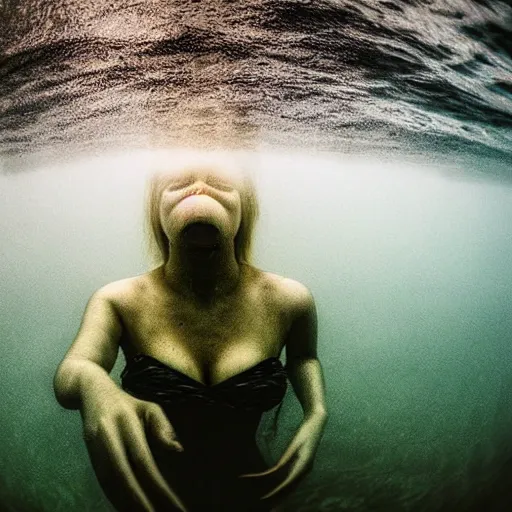 Image similar to sea monster about to eat pov underwater, pale skin, dark yellowish water, foggy water, dark, dramatic,'silent hill ', big eyes, alluring and terrifying, cinematic