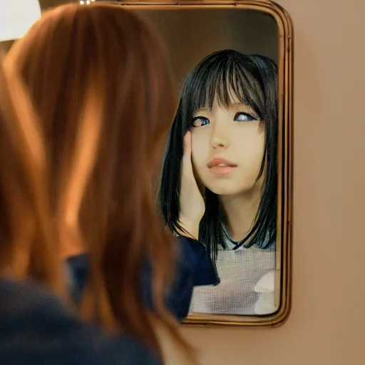 Image similar to an anime girl looking at her reflection in a mirror