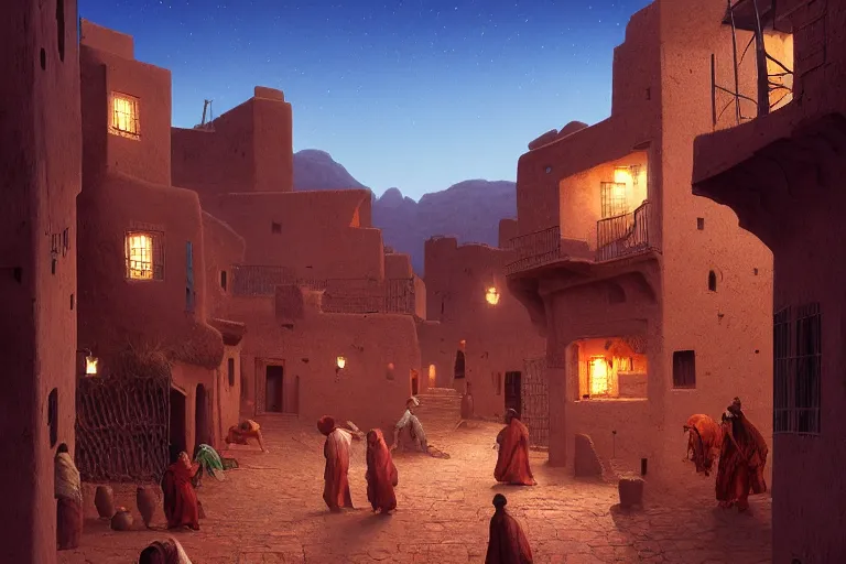 Image similar to in the middle of a adobe house kasbah town, mud and brick houses, merchant street, pueblo architecture, colorful crowd, festival. Scenic view at night, underexposed, clean horizon, matte painting by raphael lacoste and marc simonetti and craig mullins and christophe vacher, trending on artstation