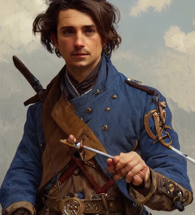 Prompt: candid portrait of a man with brown wavy hair and deep brown eyes, wearing a blue traditional colonial military jacket, intricate, holding a spear, highly detailed, digital painting, artstation, concept art, sharp focus, cinematic lighting, illustration, art by artgerm and greg rutkowski, alphonse mucha, cgsociety