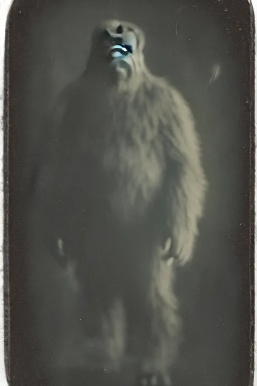 Image similar to a tintype photograph of bigfoot