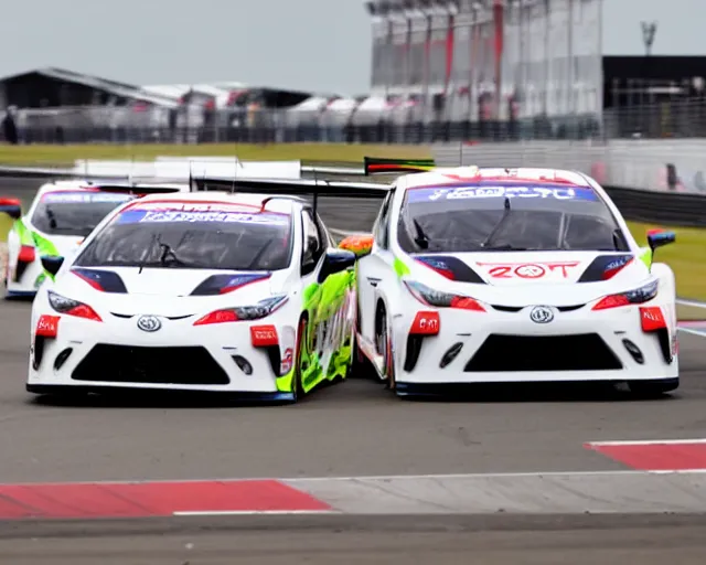 Prompt: 2022 Toyota Prius GT3 crossing the finish line at Silverstone