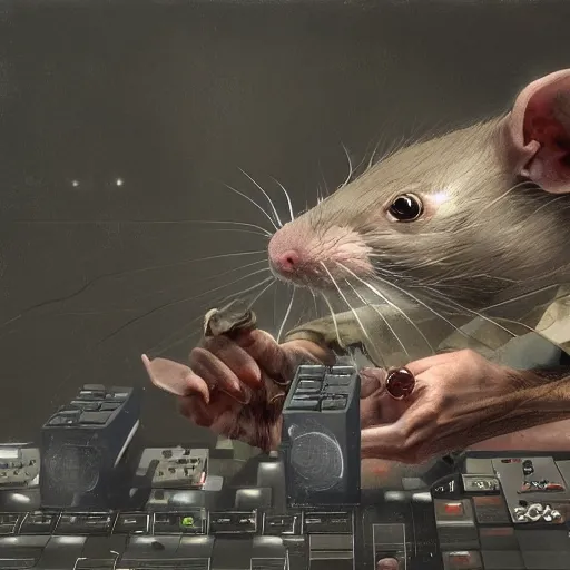 Image similar to a rat cyborg playing with a tb-303 synthesizer, by ruan jia