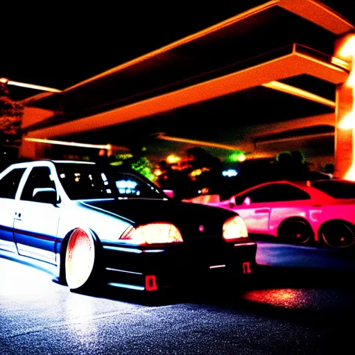 Image similar to a car JZX100 at illegal car meet, Saitama prefecture, long exposure, milkyway, cinematic color, photorealistic, highly detailed