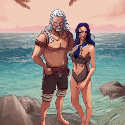 Prompt: Portrait of Geralt of Rivia and Yennefer of Vengerberg in modern bathing suits at a tropical beach, character design, fantasy, cartoon style, bright atmospheric lighting, highly detailed, ArtStation, trending on ArtStation, by Matthew Orders