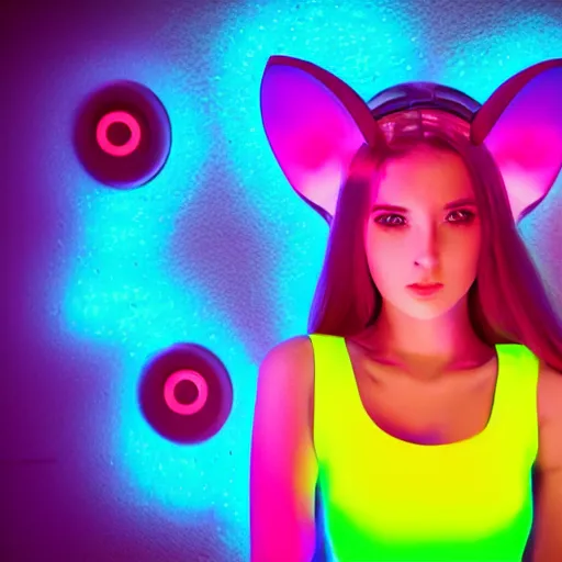 Image similar to portrait of a cute young woman with robot ears and eyes, 4k, sharp focus, neon colored fluorescent lighting, flowers, jordan grimmer