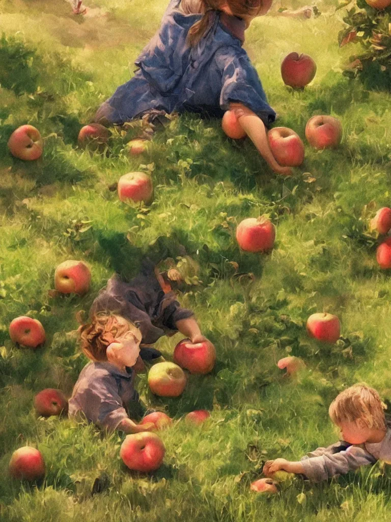 Image similar to picking apples by disney concept artists, blunt borders, rule of thirds, golden ratio, godly light, beautiful!!!