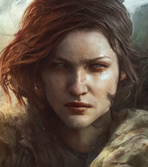 Prompt: fallout 5, charismatic beautiful armoured rugged brunette female protagonist, portrait, outdoors alaskan wilderness, atmospheric lighting, painted, intricate, volumetric lighting, beautiful, daytime, sunny weather, few clouds, sharp focus, deep colours, ultra detailed, art by leesha hannigan, ross tran, thierry doizon, kai carpenter, ignacio fernandez rios