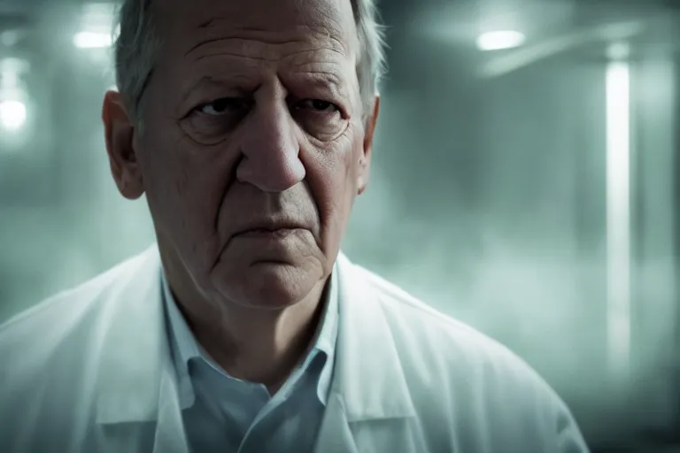 Image similar to an ultra realistic cinematic headshot portrait of an evil scientist, stood in a lab, foggy, detailed, deep focus, movie still, dramatic lighting, by werner herzog