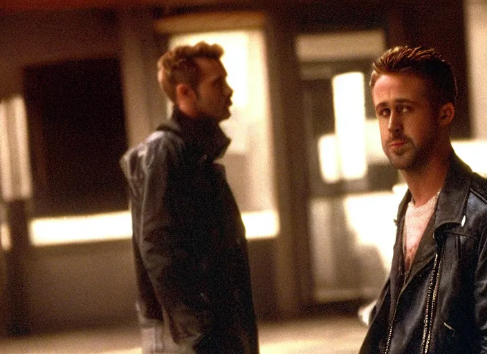 Prompt: film still of Ryan Gosling as Jack wearing feather jacket in Fight Club 1999