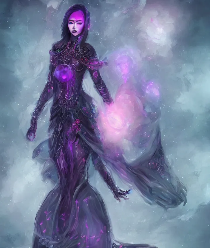 Prompt: concept art of asian female Void Walker, slavic style dress, corset, full body, Realistic, nebula background, intricate details, colourful, by Jason Chan