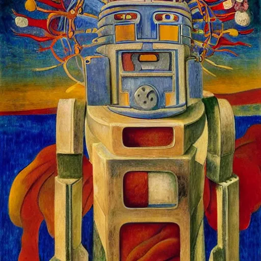 Image similar to masterpiece painting of a robot shaman, by annie swynnerton and jean delville and edward hopper and diego rivera and evelyn de morgan and rufino tamayo, facemask made of flowers, art brut, outsider art, symbolist, dramatic lighting, god rays, elaborate geometric ornament, clean crisp graphics, smooth sharp focus, extremely detailed, adolf wolfli