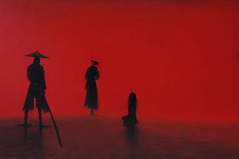 Image similar to only with red, a red samurai harakiri, tokio, a lot of frogs watch, in the style of beksinski, parts by edward hopper, parts by rodcenko, parts by yue minjun, intricate and epic composition, red by caravaggio, insanely quality, highly detailed, masterpiece, red light, artstation, 4 k