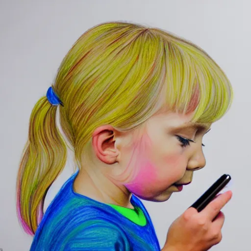 Prompt: profile of 3 year old blonde girl with iphone, colored pencil on white background by eloise wilkin