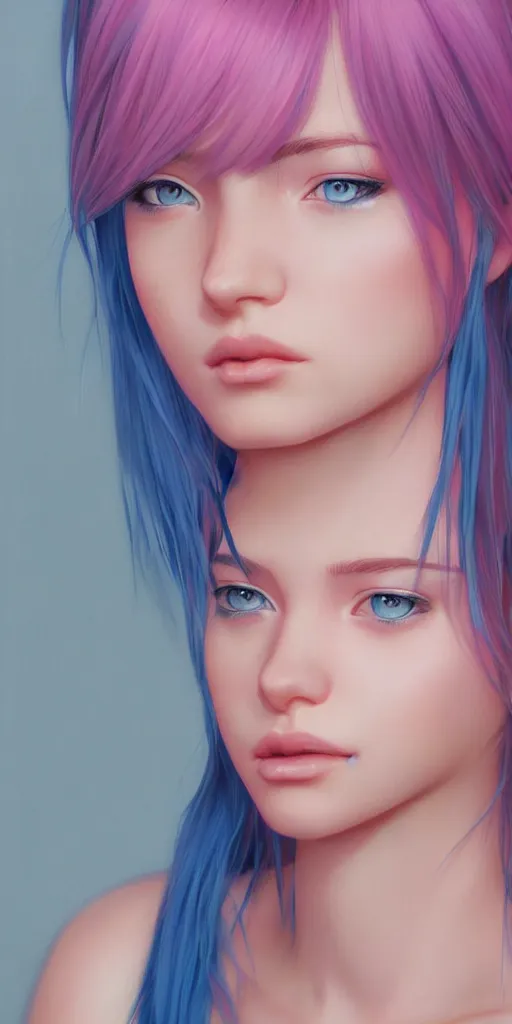 Prompt: one beautiful girl with pink and blue dyed hair, realistic female portrait, highly detailed, by ilya kuvshinov andmakoto shinkai, photorealistic