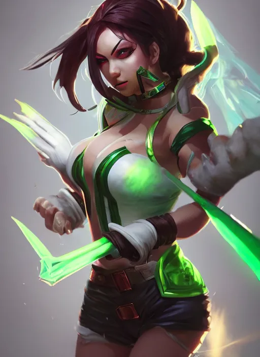 Prompt: dangerous akali, from league of legends, green daggers, nurse costume, hyper detailed, digital art, trending in artstation, cinematic lighting, studio quality, smooth render, unreal engine 5 rendered, octane rendered, art style by klimt and nixeu and ian sprigger and wlop and krenz cushart
