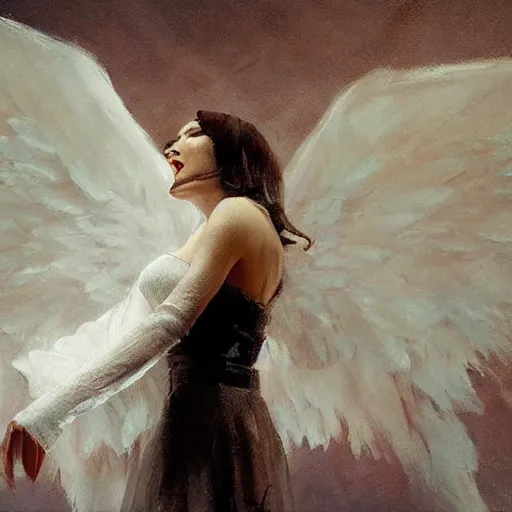 Image similar to Painting by Greg Rutkowski, an opera singer in a white dress with wings on stage