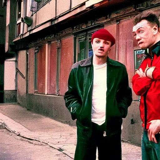 Prompt: portrait of alexandr zembatov and mikhail alontsev posing on a street in gangsta comedy of 1990s, movie shot, Lock, Stock and Two Smoking Barrels