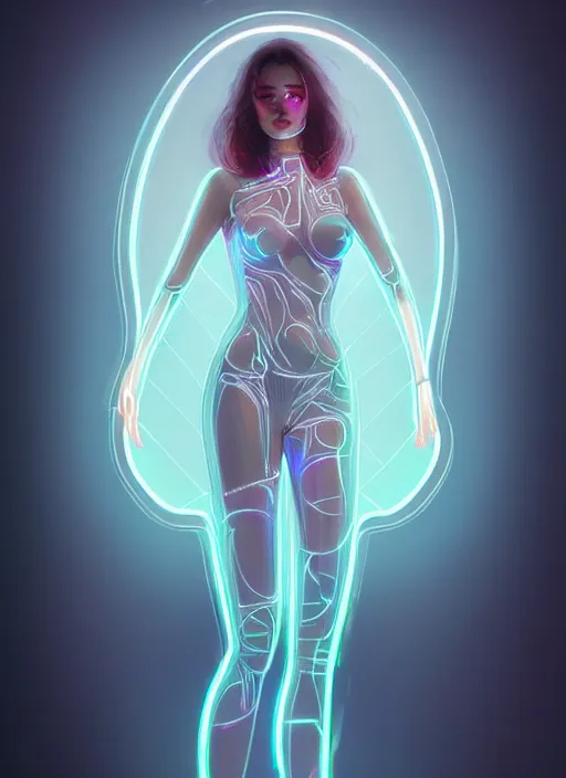 Image similar to portrait of female humanoid in transparent acrylic fashion wear, intricate, elegant, cyber neon lights, highly detailed, digital photography, artstation, glamor pose, concept art, smooth, sharp focus, art by artgerm and greg rutkowski