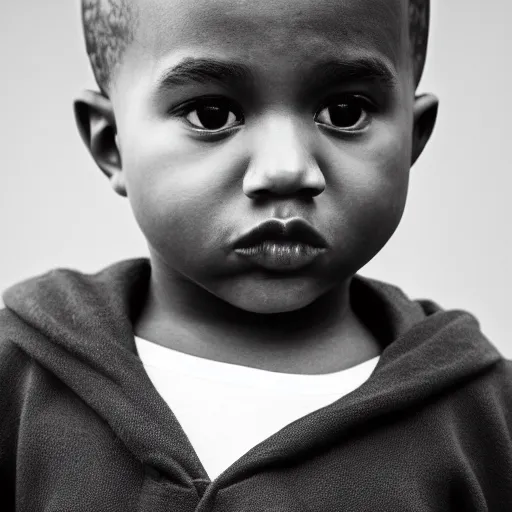 Image similar to the face of young kanye west wearing yeezy clothing at 3. 2 years old, black and white portrait by julia cameron, chiaroscuro lighting, shallow depth of field, 8 0 mm, f 1. 8