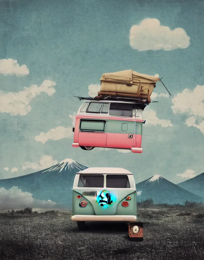 Image similar to vw camper touring rural japan, a collage painting, in the style of wes anderson, lola dupre, david hockney, isolated on negative white space background dark monochrome fluorescent spraypaint accents volumetric octane render, no double figure