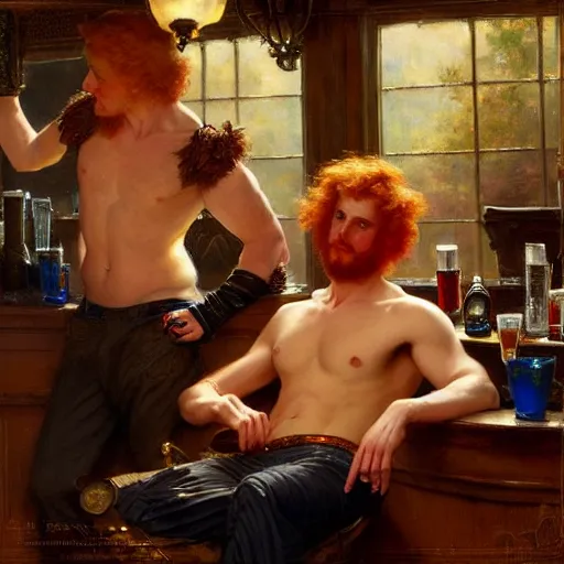 Prompt: attractive mike, wearing pants, with ginger hair with attractive tyler with brunet hair, drinking their hearts out, in a pub, no shirt. very defined and highly detailed painting by gaston bussiere, j. c. leyendecker, craig mullins 8 k