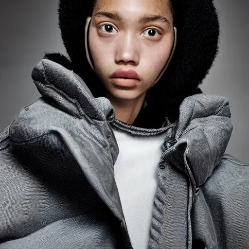 Image similar to realistic! photoshoot for a new balenciaga lookbook, color film photography, portrait of a beautiful woman wearing a puffer jacket, photo in style of tyler mitchell, fisheye lens