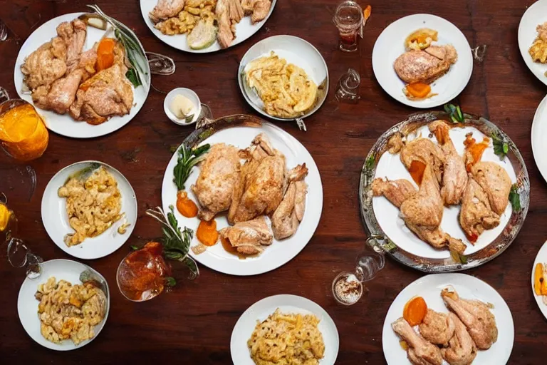 Image similar to a dinner table full of cooked chicken